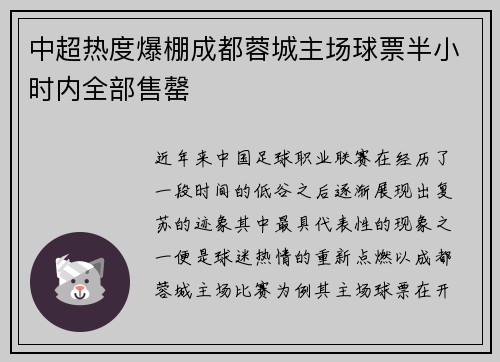 中超热度爆棚成都蓉城主场球票半小时内全部售罄 中超热度爆棚成都蓉城主场球票半小时内全部售罄