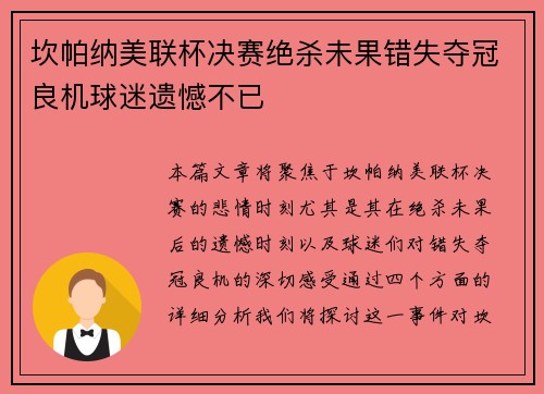 坎帕纳美联杯决赛绝杀未果错失夺冠良机球迷遗憾不已